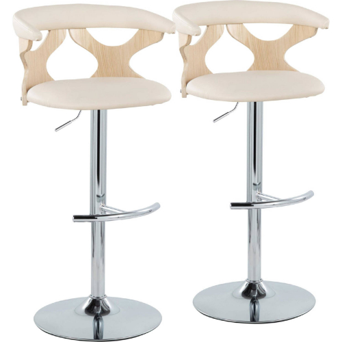 Gardenia Adjustable Swivel Bar Stool in Natural Wood, Chrome & Cream Leatherette (Set of 2)